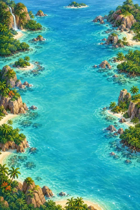 A sunlit lagoon framed by green island cliffs