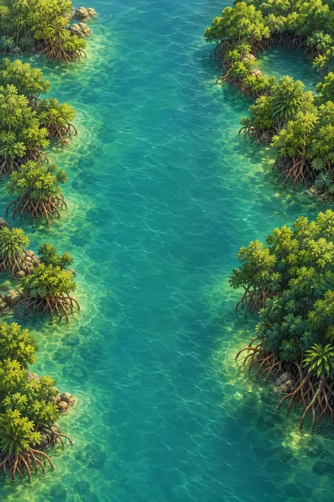 Dense mangrove edges beside a calm green waterway