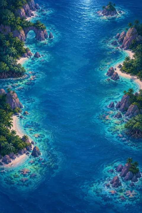 A quiet island passage lit by cool moonlight
