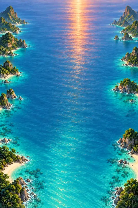 Mountainous islands opening onto water with peach sunrise reflections